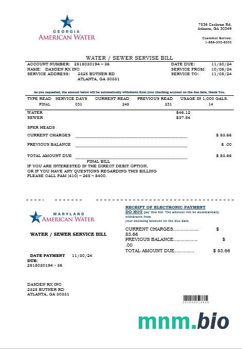 USA Maryland Georgia Water rachunek za usługi komunalne szablon w formacie Word i PDF